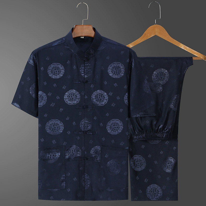 Summer silk set for elderly, for middle age, Chinese style, with short sleeve