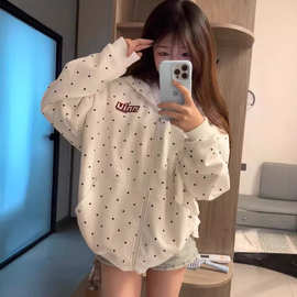 薄款美式复古刺绣波点印花国潮卫衣男女通勤休闲宽松开衫外套潮流