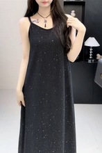 2025设计亮片压褶气质吊带连衣裙女夏季薄款感黑色宽松小黑裙直销