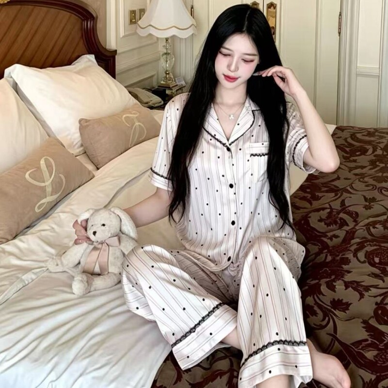 Striped Polka Dot Ice Silk Pajamas for Women, Long-Sleeved Spring and Summer New Style Cardigan, Ice Silk Home Wear Three-Piece Set Striped Polka Dot Ice Silk Pajamas for Women, Long-Sleeved Spring and Summer New Style Cardigan, Ice Silk Home Wear Three-Piece Set