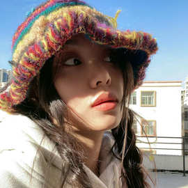 小众设计彩色手钩蝴蝶结针织渔夫帽潮秋冬显脸小毛线保暖复古盆帽