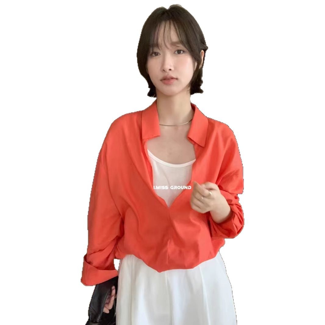 IMISS Commuter simple solapa de algodón y lino falso de dos piezas camisa de manga larga camisa de protección solar delgada de primavera y verano para mujer