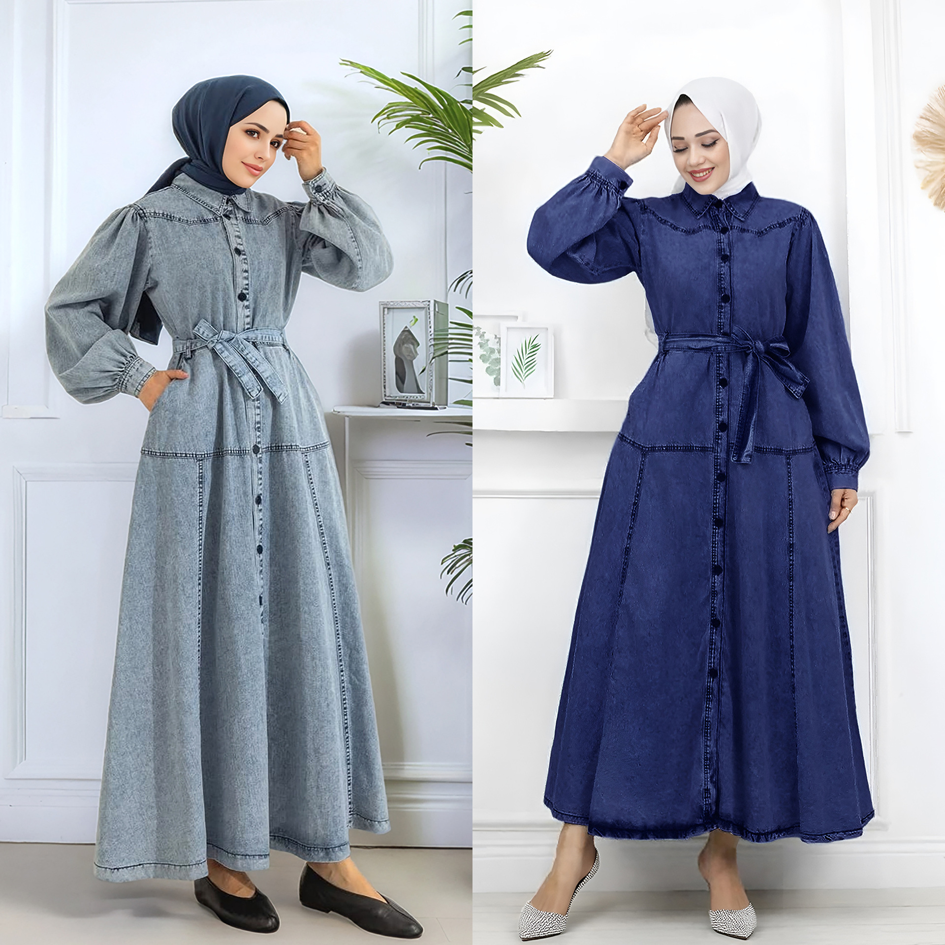 M329# Hot Selling Turkish Women's Denim Dress - Casual Loose Lantern Sleeve Patchwork Long Skirt