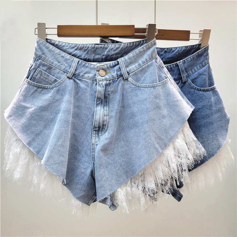 Pantalones Cortos Jeans de Pierna Ancha para Mujer de Denim, Cintura Media, Con Encaje y Lavado