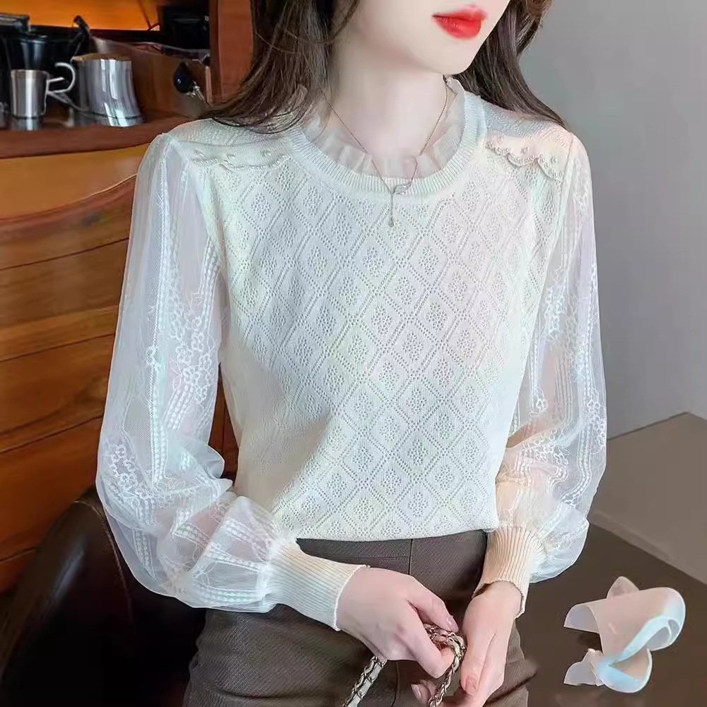 25 New Stitching Outer Wear All-match Western Style Slim Shirt Long Sleeve Women's Top Women's Fashion Knitted Base Shirt