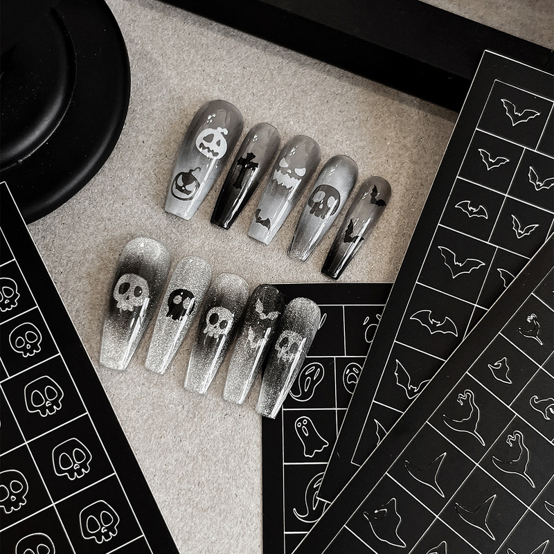 Spray painted hollow Halloween nail art stickers skull pumpkin head bat ghost with adhesive nail decorations wholesale