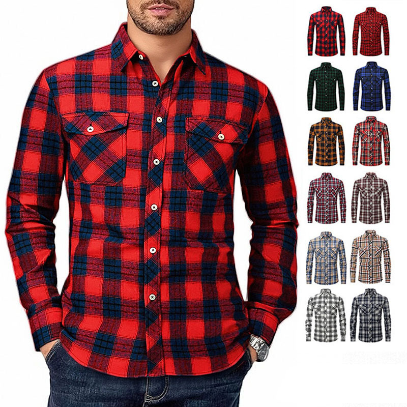 2026 Spring Cross-Border Trade American Retro Flannel Men's Long-Sleeve Brushed Plaid Shirt Men's Cool Jacket