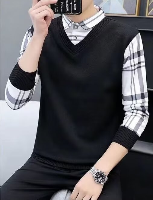 ForMen Lazy Japanese Style Square Trendy New Pullover Brand Shirt Collar Long Sleeve Casual Two-Piece Sweatshirt For Men_voghion.com