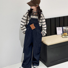 秋季儿童套装2025新款韩版女大童牛仔背带裤潮流时尚条纹卫衣两件