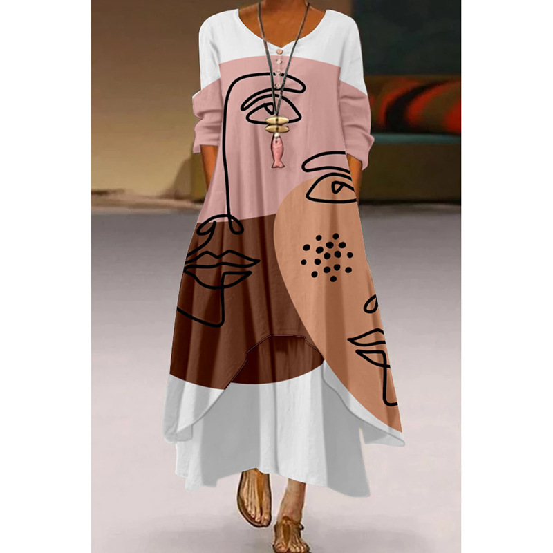 [European size in stock] women's long-sleeved printed long real double layer dress large swing length 140CM