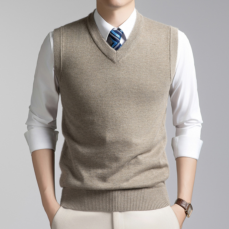 Cross-border solid color V-neck knitted wool vest for men, autumn and winter casual pullover warm vest