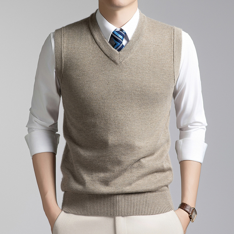Cross-border solid color V-neck knitted wool vest for men, autumn and winter casual pullover warm vest