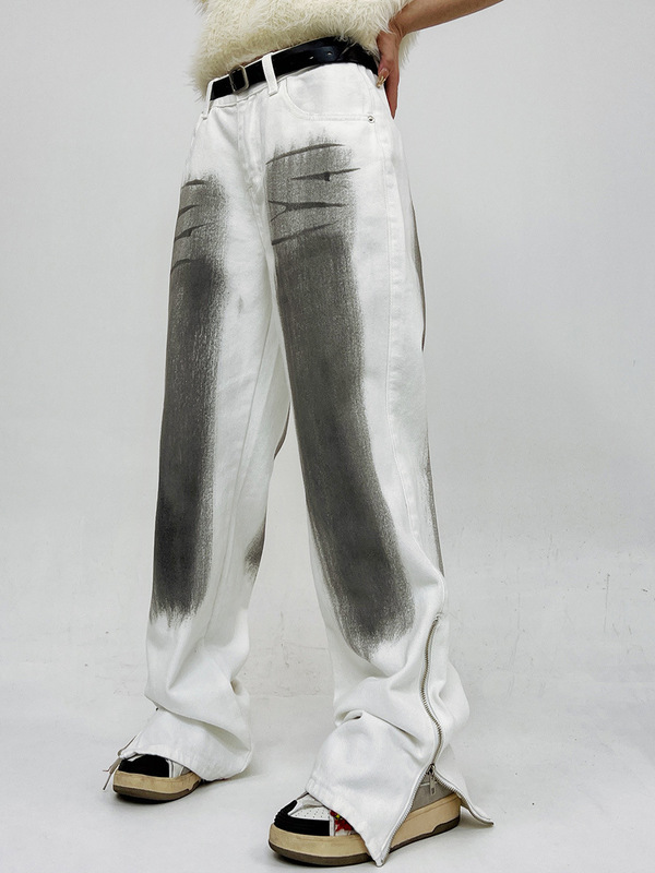 vintage pants European and American ins fashionable high street painted white jeans men's and women's high-grade casual straight trousers vintage pants European and American ins fashionable high street painted white jeans men's and women's high-grade casual straight trousers
