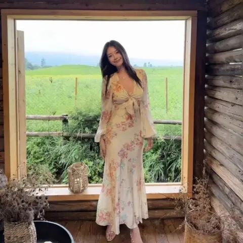 French-Style Pure Desire Sexy V-Neck Printed Dress with a Waist-Cinching Design, Suitable for Vacation, Mermaid Long Dress