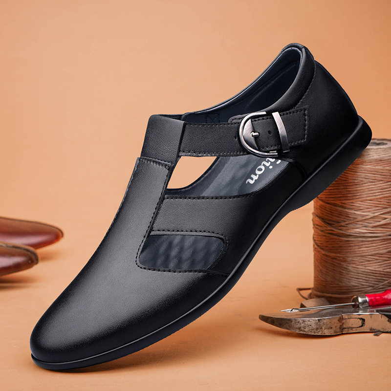 Summer Sandals Men's Cross-border New Genuine Leather Hollow Hole Shoes Men's Casual Leather Shoes Soft Sole Breathable Business Men's Shoes
