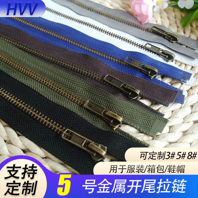 现货5号服装开尾青铜牛仔裤军绿色自动头金属拉链