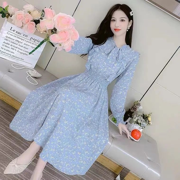 法式碎花连衣裙女春季新款女神范温韩版柔风收腰显瘦约会雪纺长裙|undefined