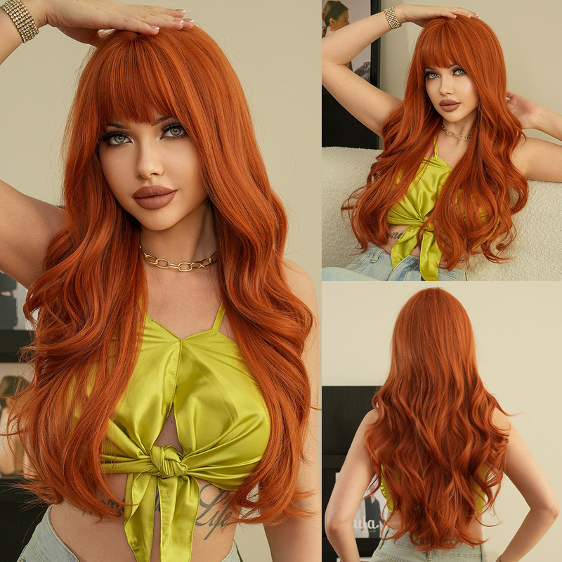 Cross-Border Export European and American Orange Wig Long Curly Hair with Bangs Big Wave Headgear Rose Mesh Chemical Fiber Orange Wig Cross-Border Export European and American Orange Wig Long Curly Hair with Bangs Big Wave Headgear Rose Mesh Chemical Fiber Orange Wig