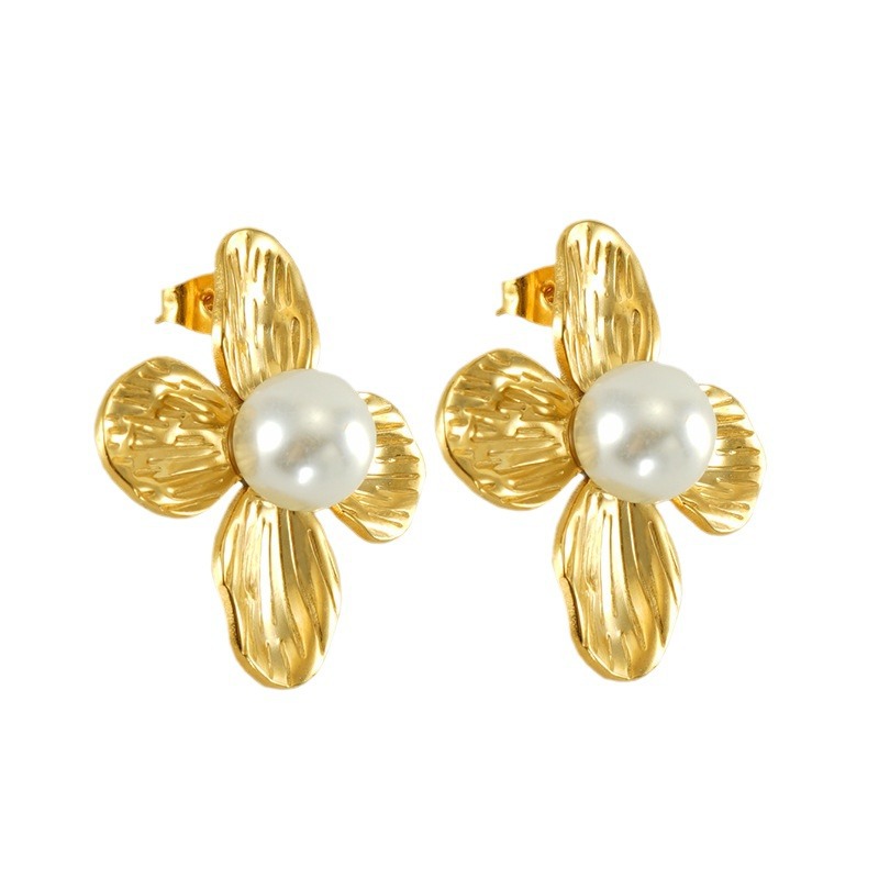 Exaggerated Gold Pearl Drop Earrings Stainless Steel Jewelry_voghion.com