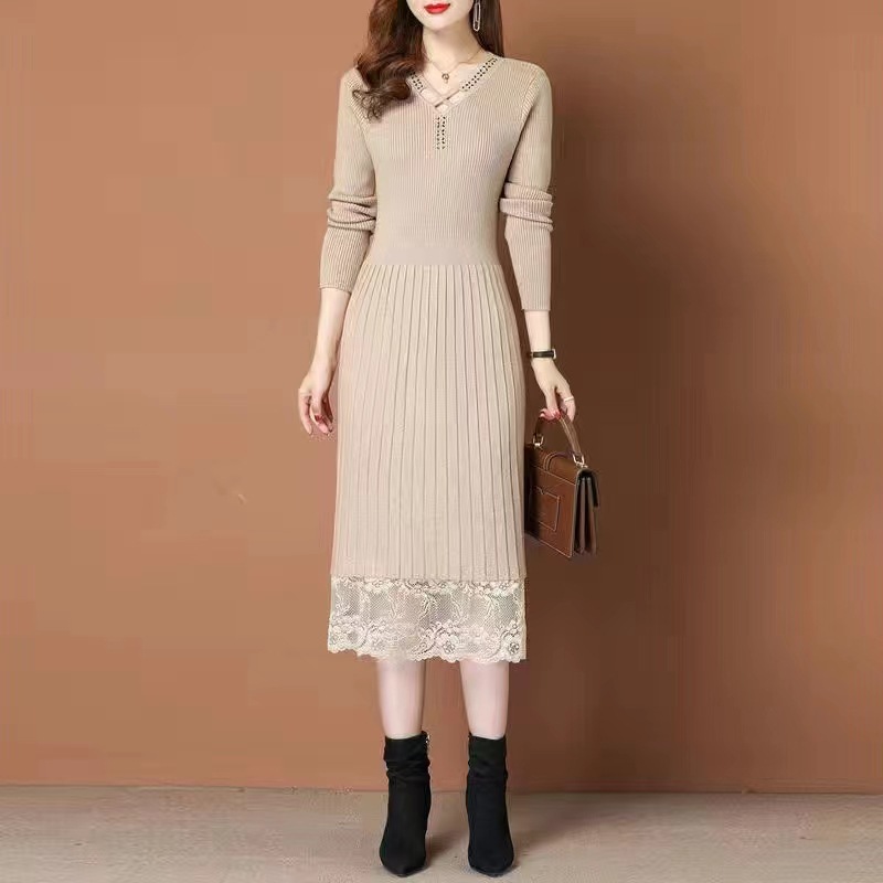 New Knitted Dress for Women 2026 Autumn and Winter New Style Mid-Length Elegant Lace Fashionable Base Sweater Dress