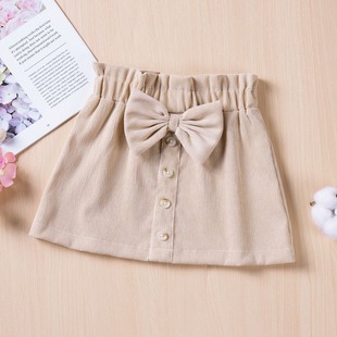 2024 Explosive Spring and Autumn Girls' Skirt Corduroy Solid Color Bow Single-breasted Western-style Short Skirt for Baby Girls