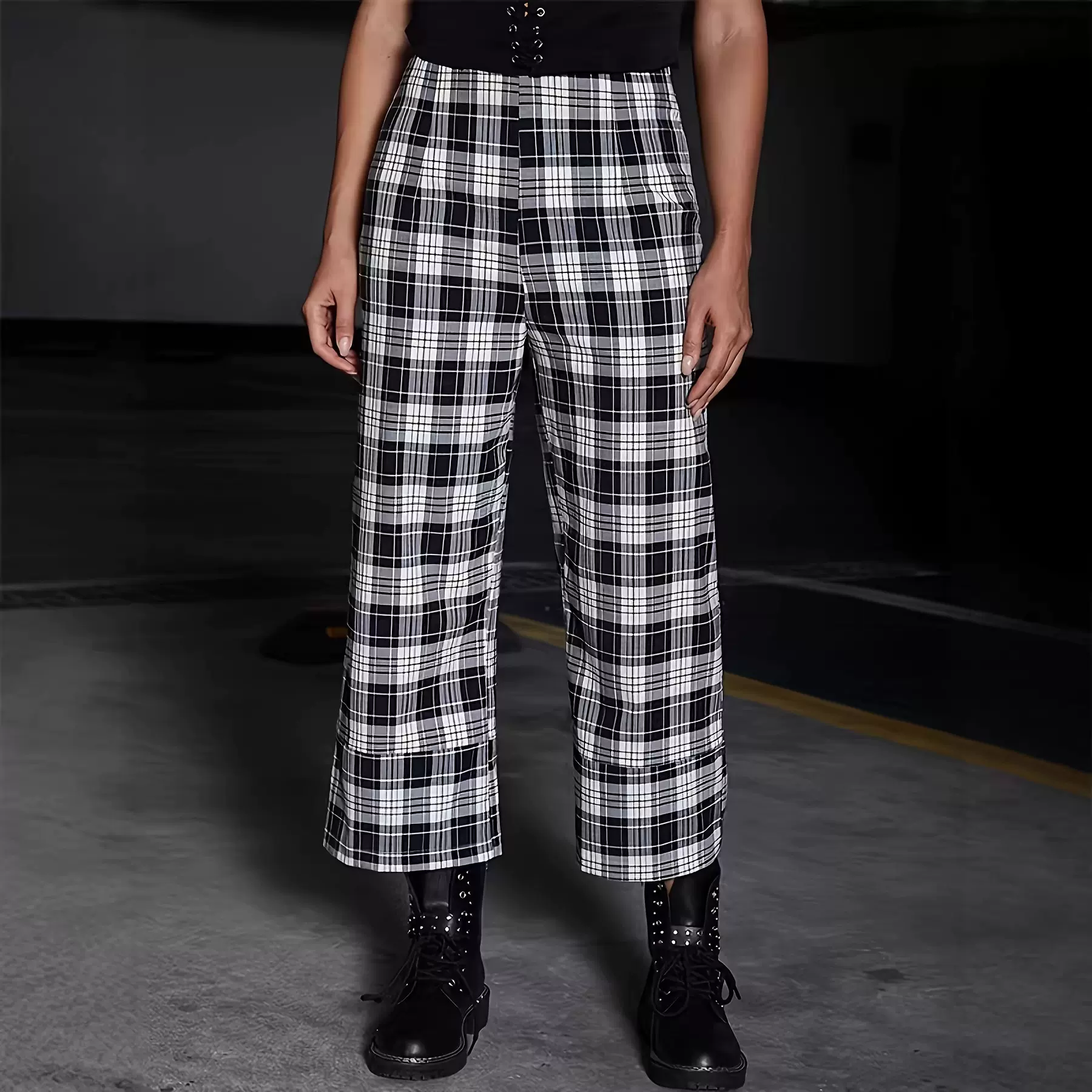 裤子女2026年新款欧美 高腰格子阔腿裤 黑白格子宽松休闲7分长裤.