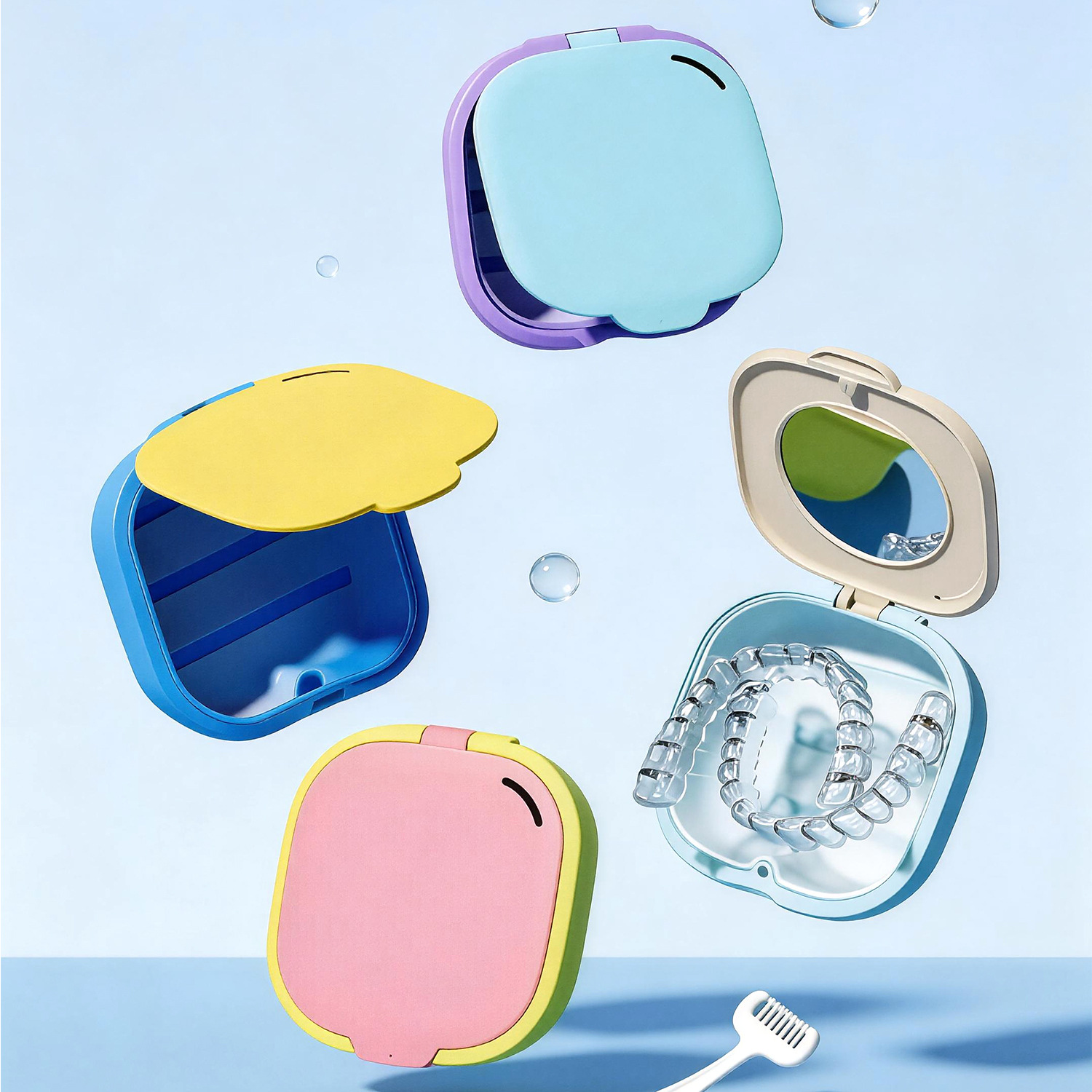Dopamine Invisible Braces Storage Box with Mirror, Water-Draining Portable Orthodontic Retainer Cleaning Box, Portable Case