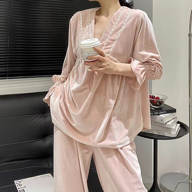 New Lantern sleeve high luxury flash gold velvet pajamas V-neck versatile outer wear treasure Wardrobe casual home wear