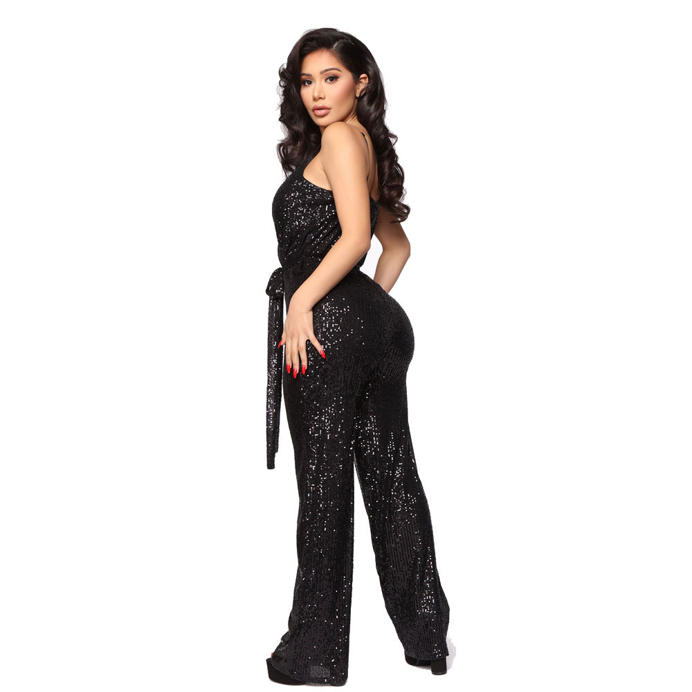 sexy solid color sequined sleeveless v-neck belted backless prom sling jumpsuit NSDLY118700