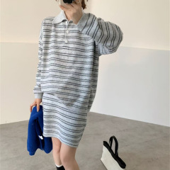 2025秋冬新款针织两件套女日韩ins休闲条纹撞色翻领复古毛衣套装