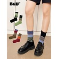 B&U新中式吉祥如意蓝绿红拼接袜子中筒袜堆堆袜女小众百搭撞色