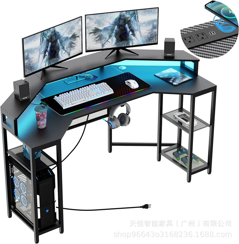 Computer Desk with Power Socket and Led Light Large Wing Gaming Desk with Full Display Stand Can Be Customized