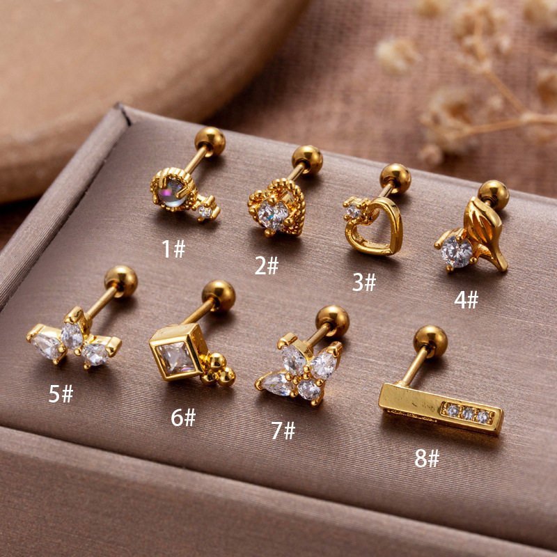 2 piezas nuevas de acero inoxidable con doble cabeza de tornillo para oreja con un grosor de 0,8 mm y forma de corazón de circonita, pequeñas, frescas y elegantes_voghion.com