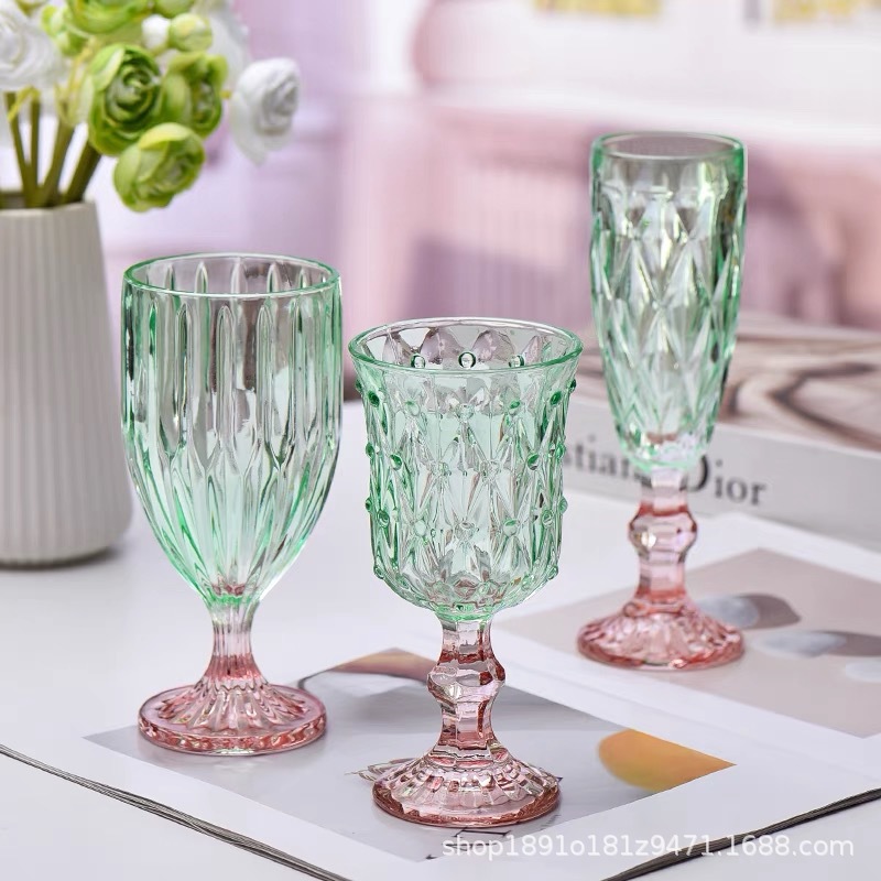 Tazas de vidrio retro de alto valor, tazas de jugo, tazas de vino, tazas de champán, tazas de decoración de mesa de comedor