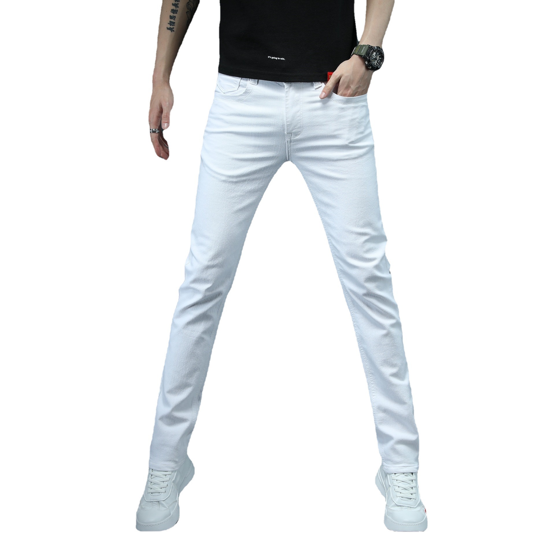 Pure White Men's Stretch Jeans Men's Youth Student's Daily Casual Sports Pants All-match Slim-fit Skinny Pants Men's