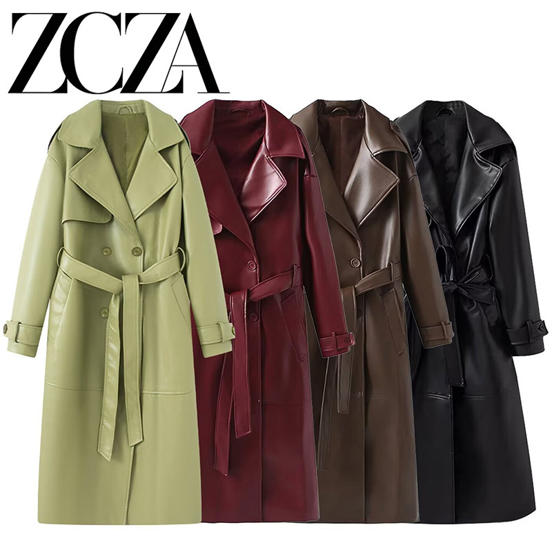 Zcza Self-Made European and American Style New Women's Fashion Versatile Simple Solid Color Elegant Slimming Long Leather Trench Coat Zcza Self-Made European and American Style New Women's Fashion Versatile Simple Solid Color Elegant Slimming Long Leather Trench Coat