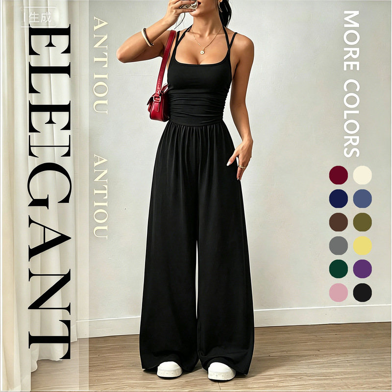 2026 Jumpsuit with Suspenders, Waist-Cinching, Sleeveless, Flared Leg, Women's Floor-Length Straight-Leg Vacation Style Jumpsuit