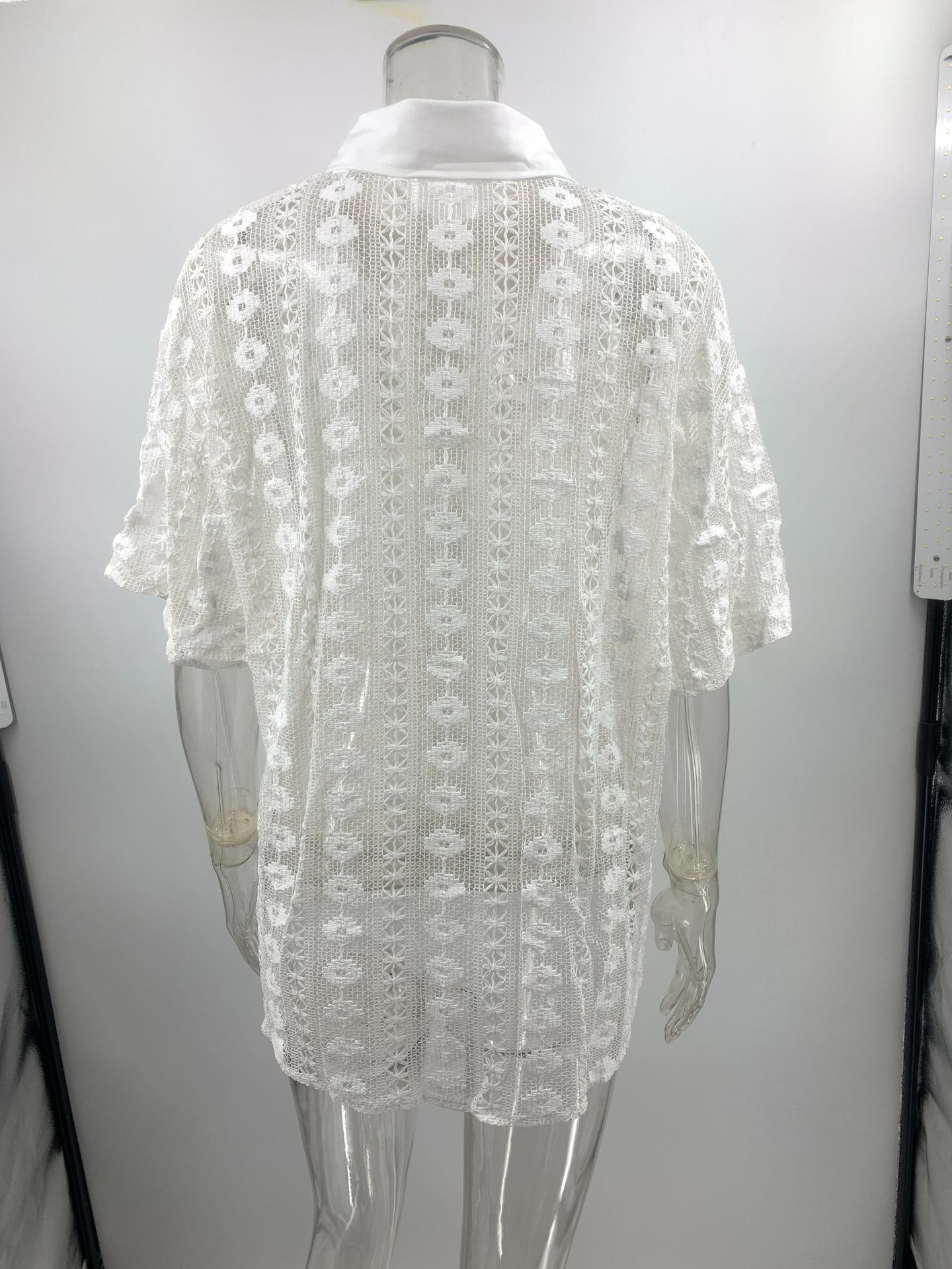 Casual White Lace Hollow Out Cutout Short Sleeve Cardigan Shorts Two Piece Set