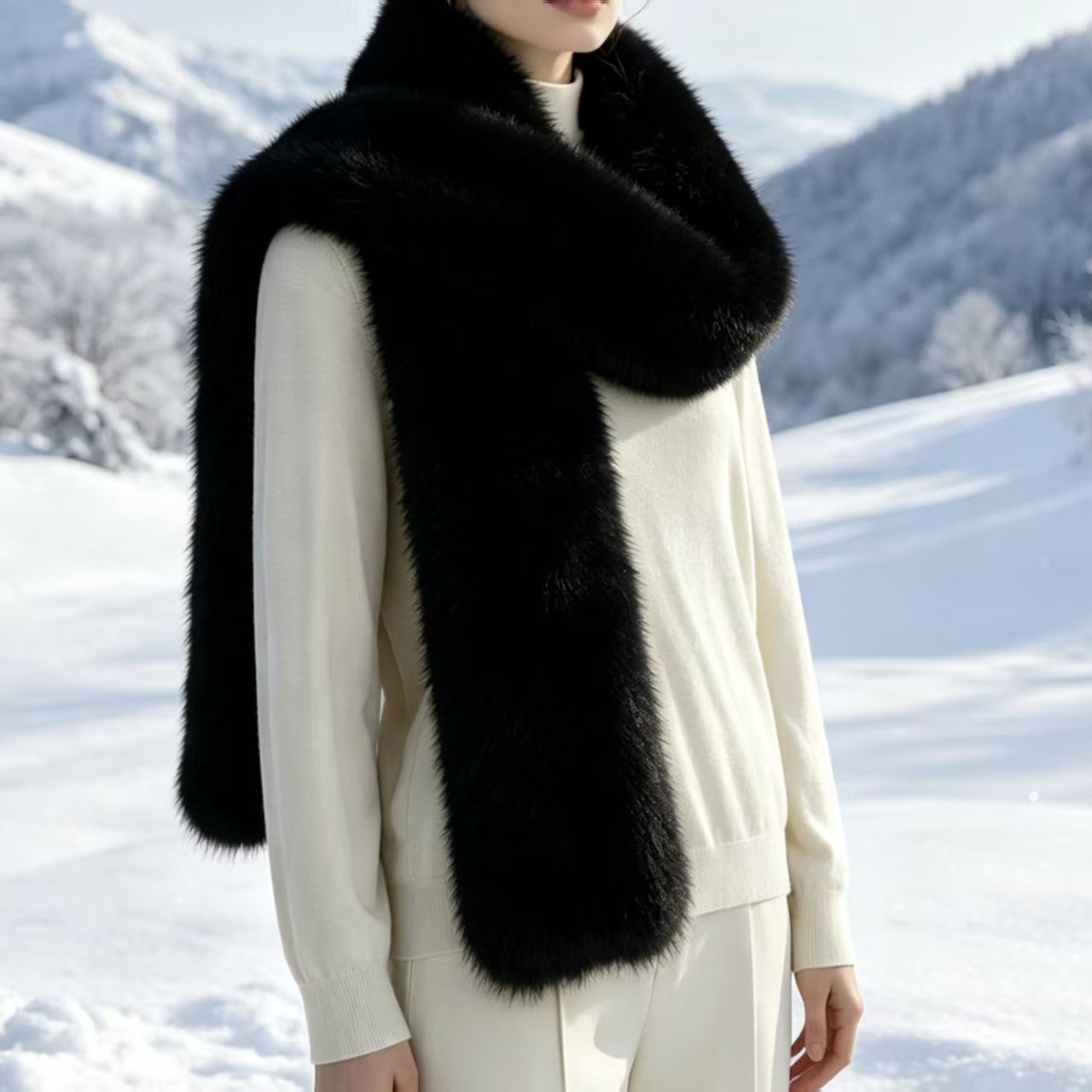 Winter Faux Fox Fur Scarf for Women, Thickened and Warm, Versatile Solid Color Plush Large Shawl, Christmas Gift