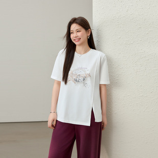 [Fashionable design sense split round neck Joker T-shirt] slim show plus size women's fat mm2025 summer new style