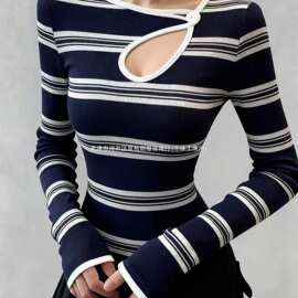 美式复古条纹长袖T恤女秋季2025新款镂空设计感修身显瘦打底衫潮