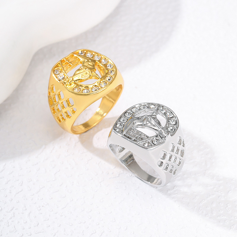 Yunjin new European and American Foreign trade cross-border popular hip hop gold-plated diamond horse head men's ring cross-border exclusive