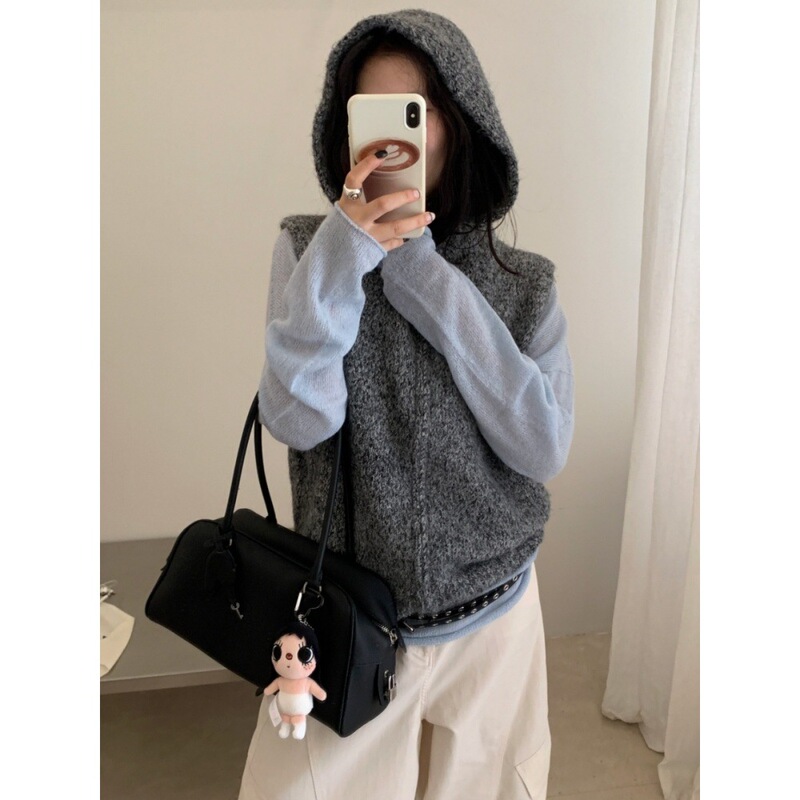 Wood Four Women's Solid Color Wool Blend Hooded Knit Vest, Autumn/Winter Loose Fit, Double Zipper Sweater Vest Cardigan M7472 Wood Four Women's Solid Color Wool Blend Hooded Knit Vest, Autumn/Winter Loose Fit, Double Zipper Sweater Vest Cardigan M7472