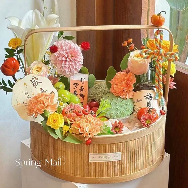 中秋節月餅果物かご生花手提げ花かご竹編み手編み花芸生け花かご月子卵かご|undefined