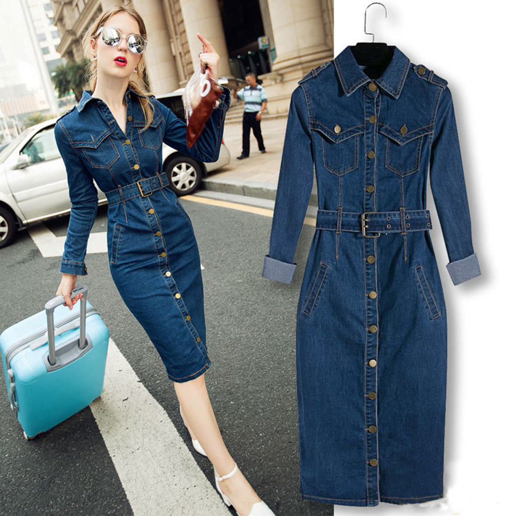 Women Winter Office Slim Jeans Dress Wit...