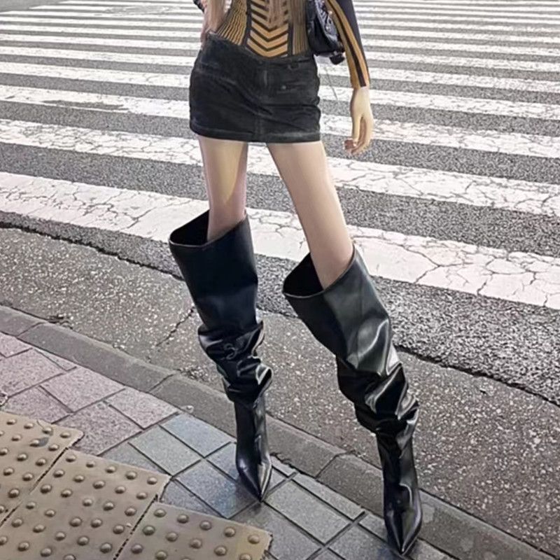 Women's Long Boots High Heel Black Big Boots Retro American Style Boots Pointed Heel Knight Boots Hot Girls High Boots