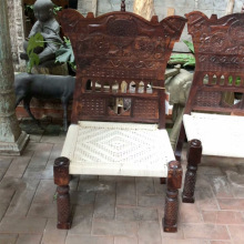 中古印度Pida椅高靠背实木雕花编织手工古董沙发椅子复古绳编椅子