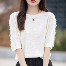 夏装2024年新款薄款上衣小清新体恤衫夏季流苏短袖圆领半袖女短款