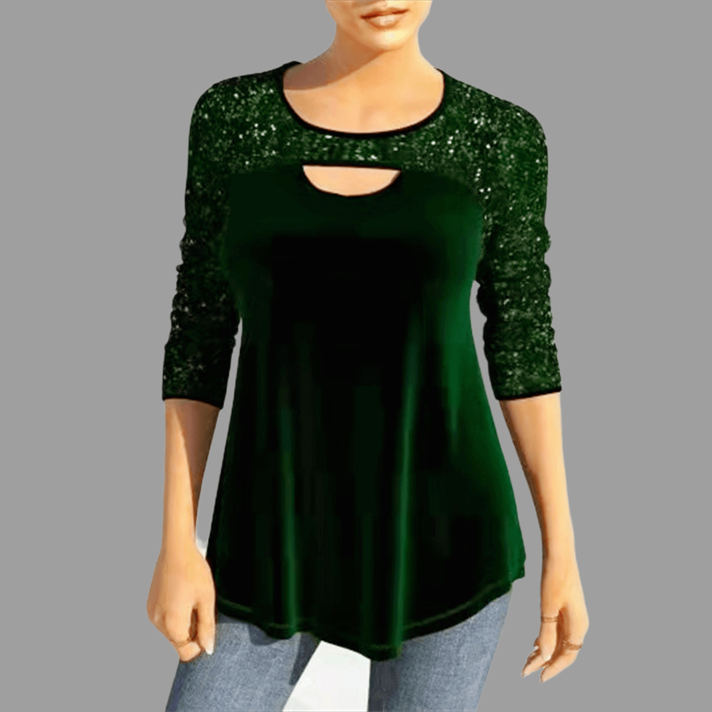 Europeo y americano Amazon digital cuello redondo hueco-fuera manga larga ocho tamaño camiseta adelgazamiento lentejuelas costura punto superior ropa de mujer