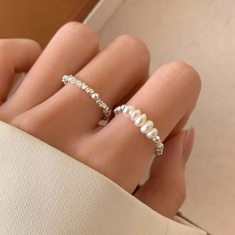 Broken Silver Pearl Fashion Ring Ins Niche Design Classy Index Finger Simple Ring Elastic Rope Stacking Women's Style